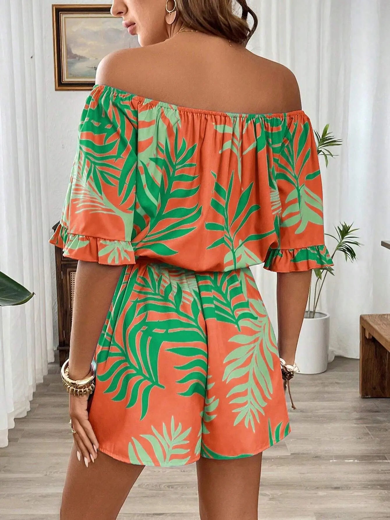 One-Shoulder Printed Short-Sleeve Lace-Up Waist Jumpsuit for Women