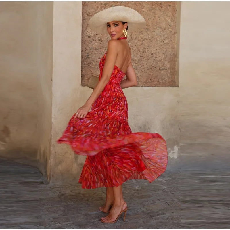 Printed Halter Neck Maxi Dress and Cropped Jacket Set for Women