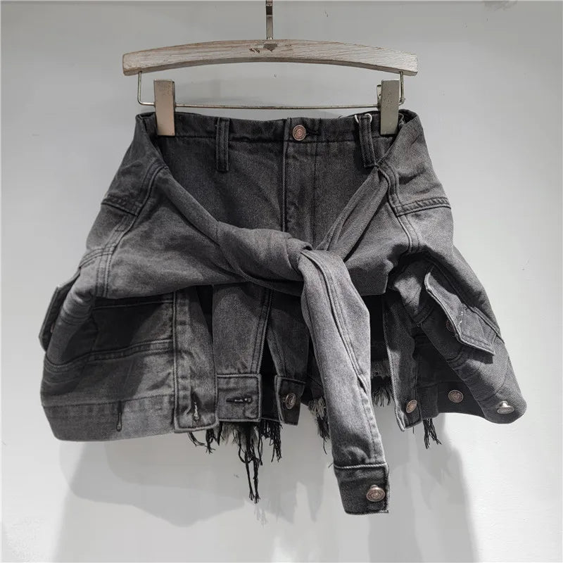 YEAE Fashion Women's Irregular Bandage Fake Two-piece Denim A-line Shorts Trendy 2025 Summer Wide Leg Hot Pants Female