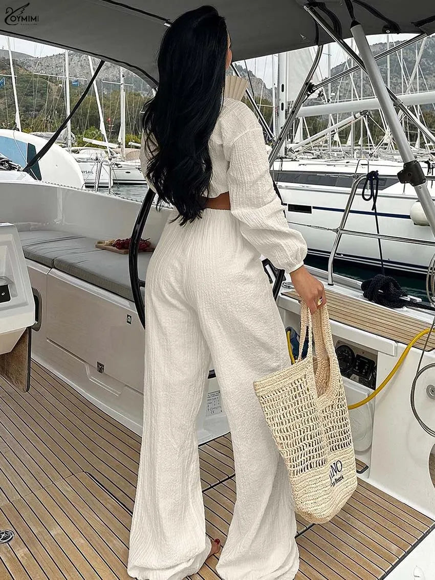 Oymimi Casual Apricot Loose Women's Two Pieces Set Fashion V-Neck Long Sleeve Lace-Up Crop Tops And Simple Trousers Female Sets