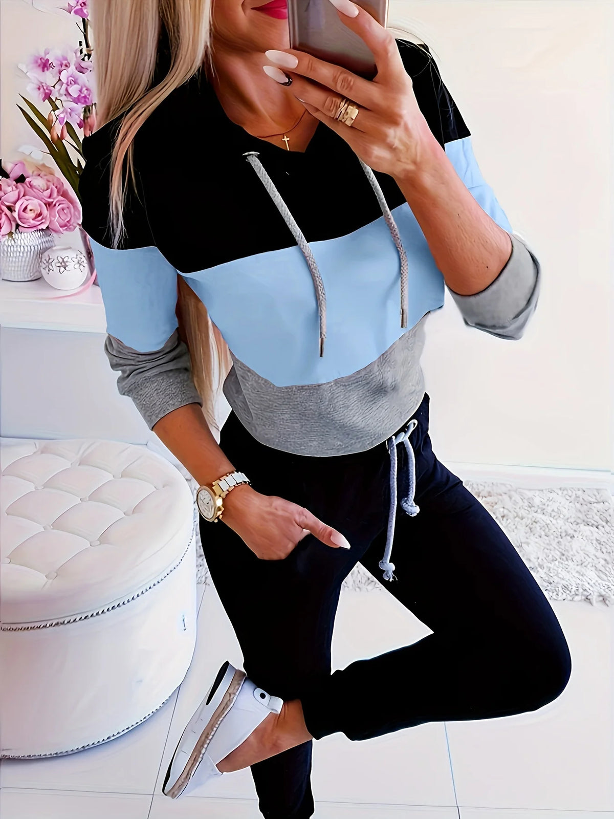 Trendy Color Block Long Sleeve Loose Fit Top for Women