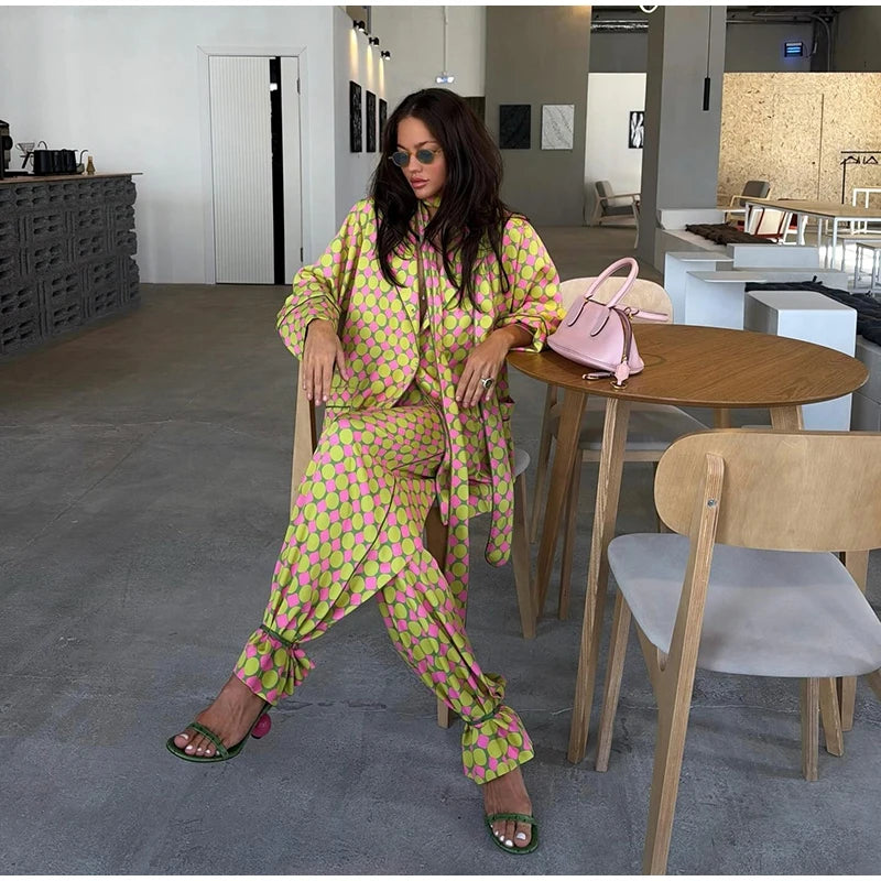Geometric Printed Wide Leg Loose Pants Set for Women