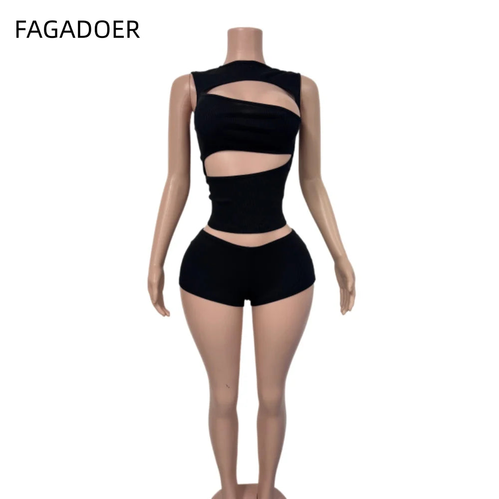 Hollow-Out Patchwork Crop Top and Shorts Set for Women