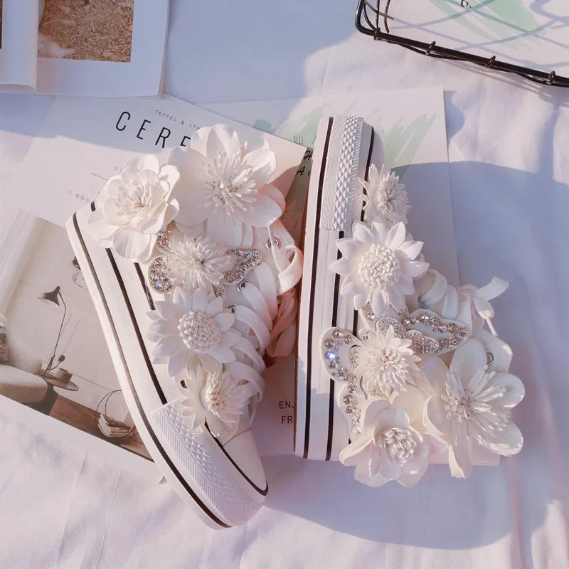 Floral Lace Up High Top Canvas Sneakers for Women