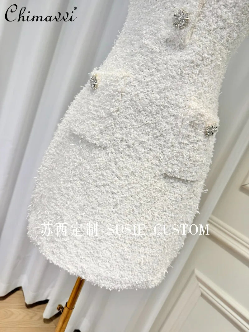 High-End Heavy Beaded Rhinestone Round Neck Slim Fit Bodycon Dress Autumn New Fashion Short Sleeve Elegant Party Women's Dress