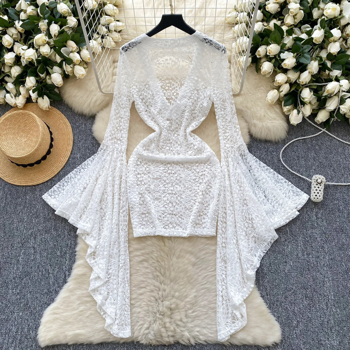 Sheer Lace V Neck Mini Dress With Flared Sleeves for Women
