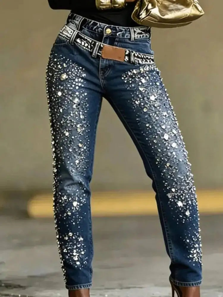 Rhinestone Washed Denim Jeans for Women