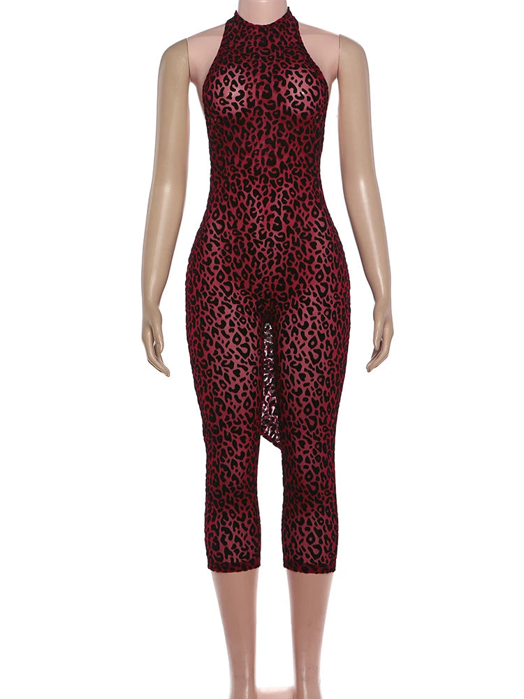 Leopard Print Backless Sleeveless Halter Romper for Women