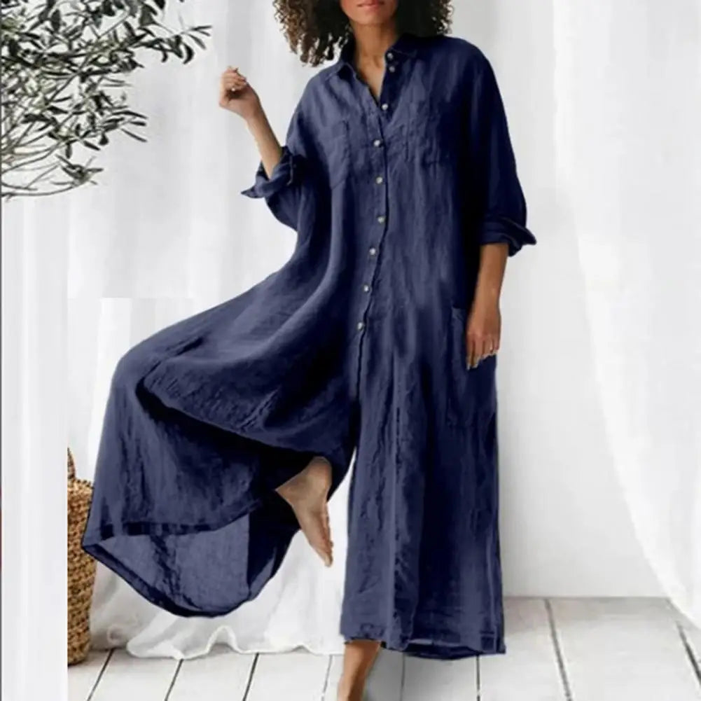 Oversized Cotton Linen Wide Leg Jumpsuit with Pockets for Women