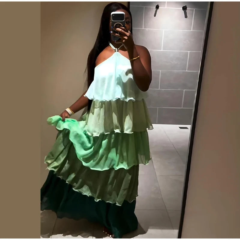 Flowy Gradient Halter Off Shoulder Ruffle Maxi Dress for Women