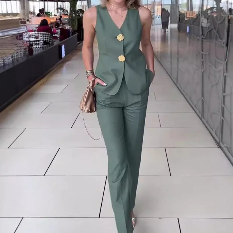 Women Summer Cardigan Top Chic Outfit, Solid Patchwork Wide Leg Pants Matching Sets, Sleeveless V Neck Ladies Suits Streetwear