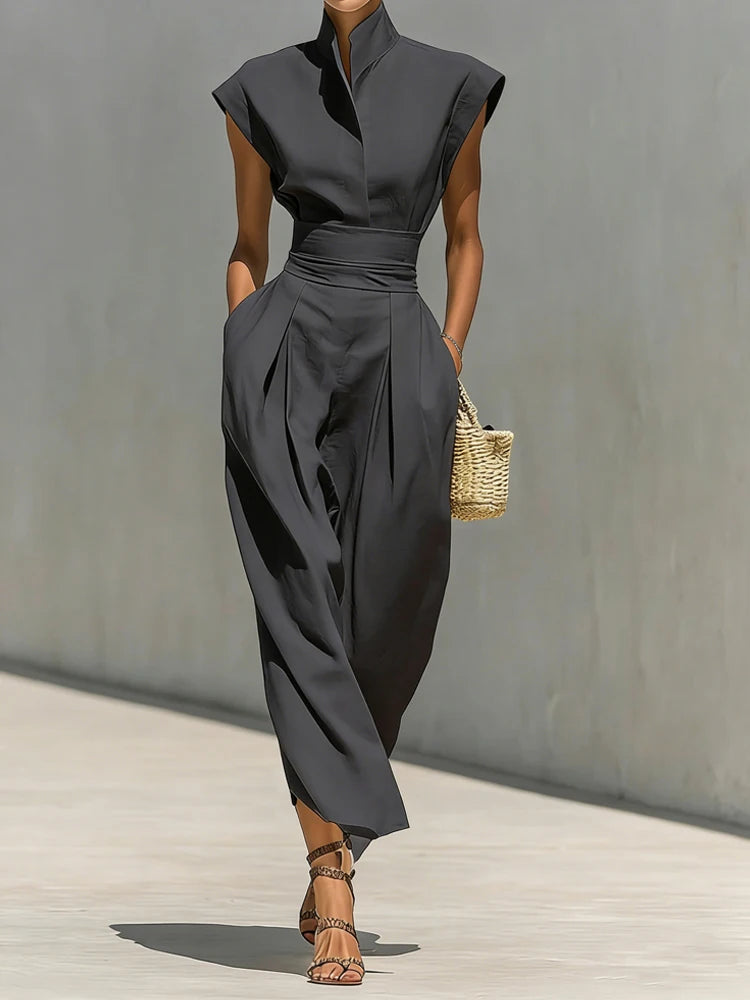 Elegant Stand Collar Pocket Summer Long Dress for Women