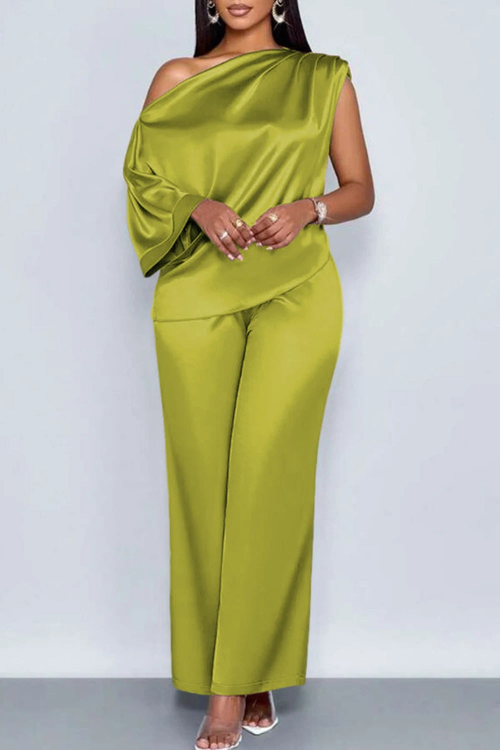 Plus Size Business Casual Green Elegant Oblique Collar Short Sleeve Pocket Satin Two Piece Pant Sets