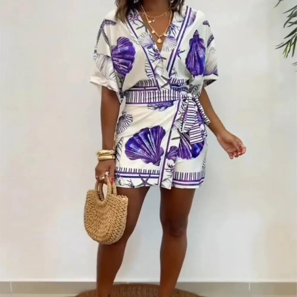 Seashell Starfish Print Wrap V Neck Short Sleeve Lace Up Romper for Women