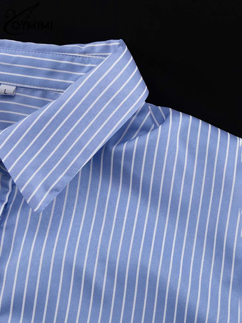 Oymimi Elegant Blue Striped Print Sets For Women 2 Pieces Fashion Long Sleeve Button Crop Tops And High Waist Pleated Skirts Set