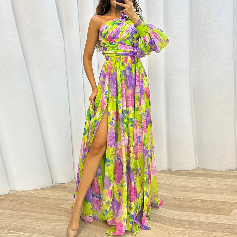 Women Loungewear One Off Shoulder Holiday Dress, Skew Collar Fashion Long Sleeve Party Dress, Patchwork Print Ladies Maxi Dress