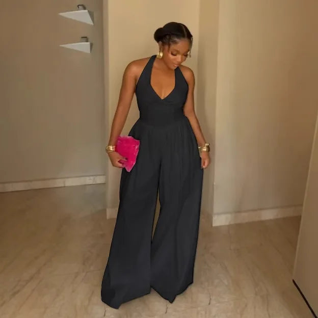 Elegant V-Neck Halter Solid Wide-Leg Jumpsuit for Women