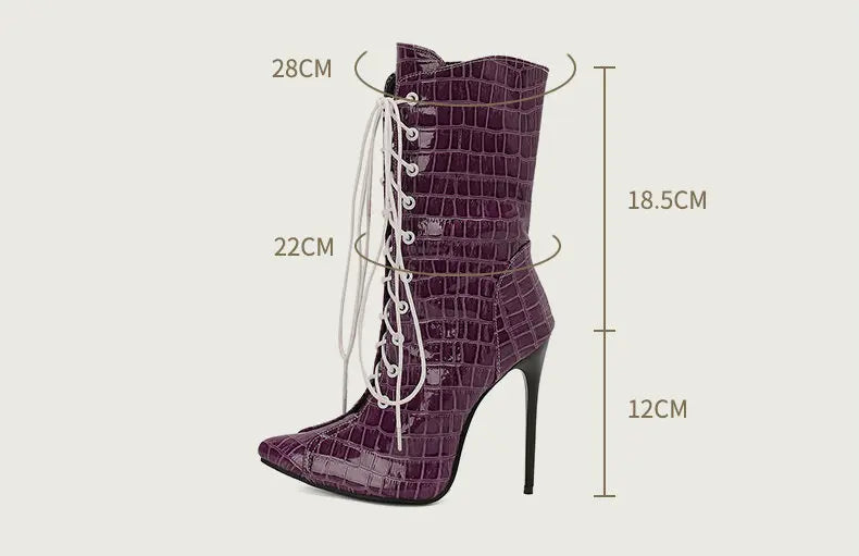 Alligator Pattern Lace Up Stiletto Ankle Boots for Women