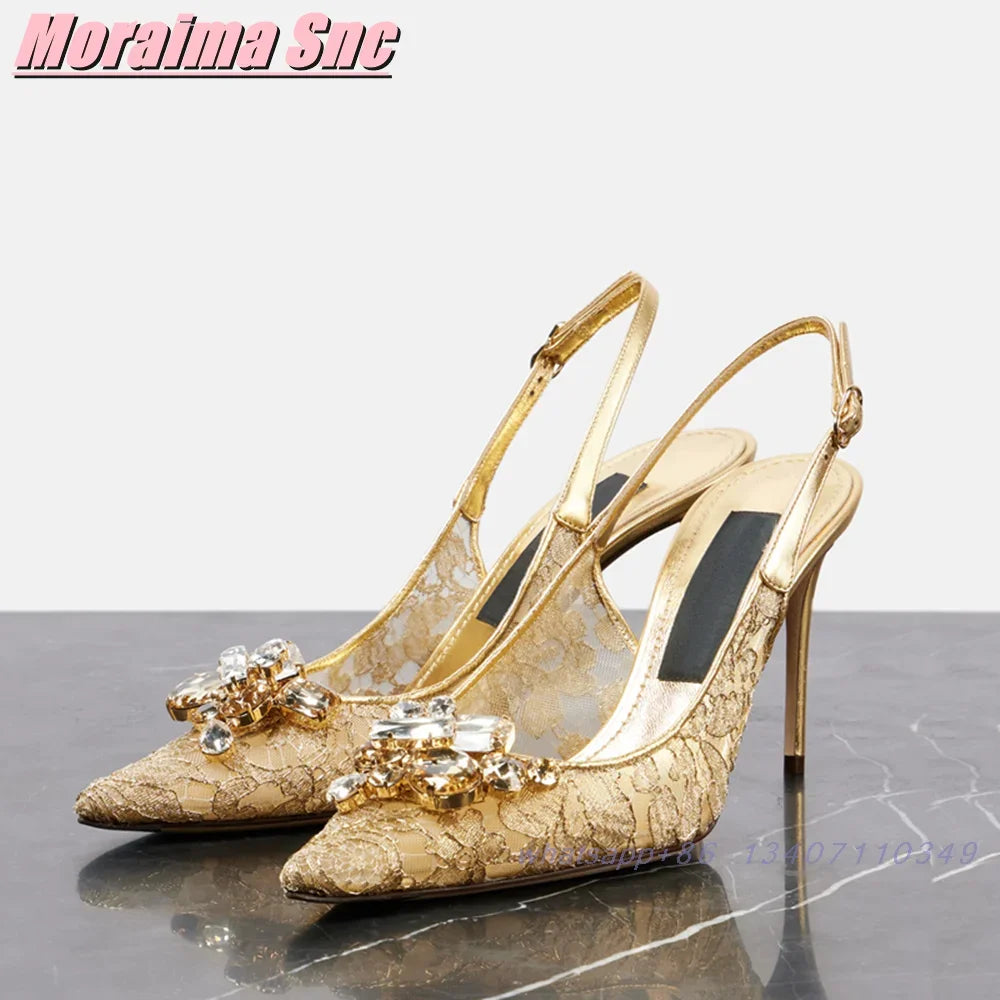 Elegant Crystal Lace Pointed Toe Slingback Sandals for Women