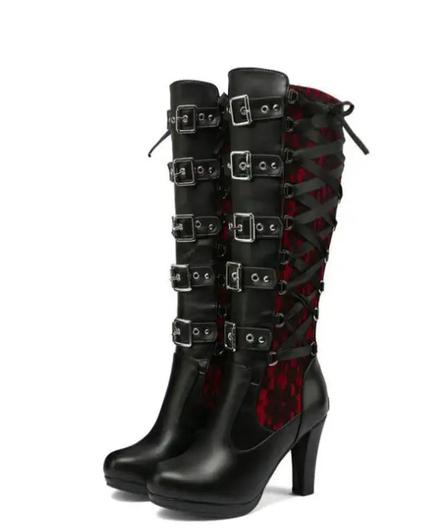Lace Up Chunky High Heel Mid Calf Boots for Women