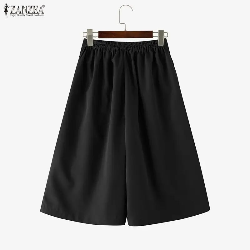 Casual Wide Leg Cropped Trousers With Elastic Waist for Women