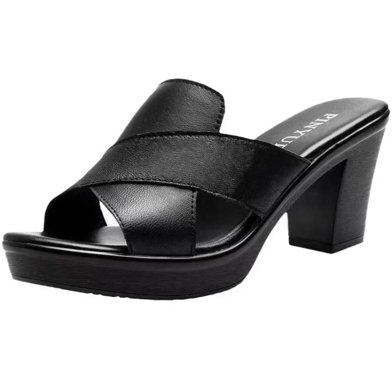 Retro Peep Toe Platform Leather Sandals