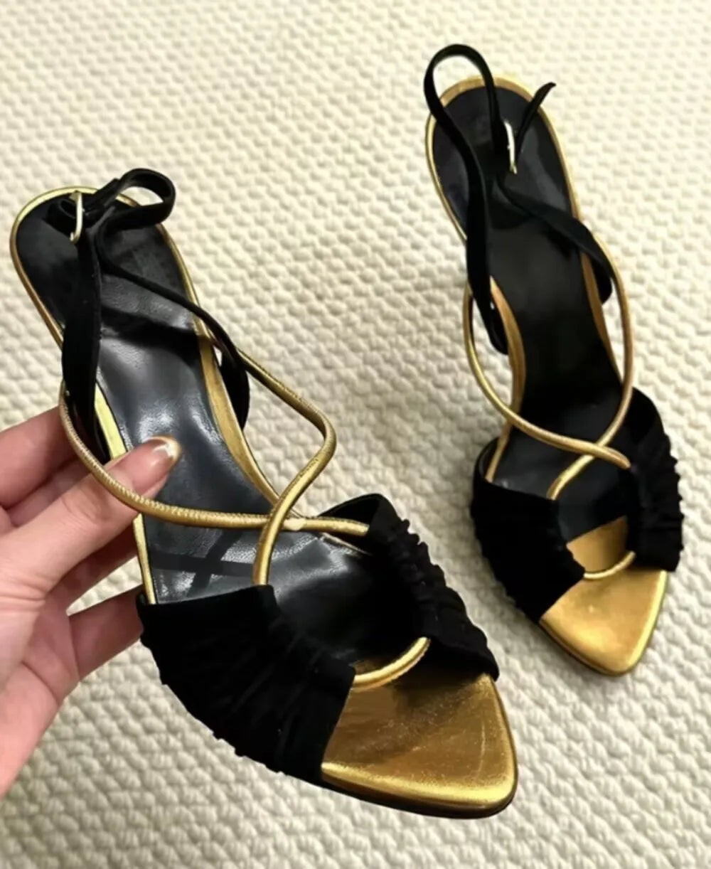 Black And Gold Pointed Toe Stiletto Sandals With Crisscross Straps For Women