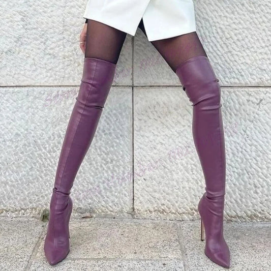 Purple Elastic Over The Knee Boots Pointed Toe Shoes for Women Matte Leather Thin High Heels Sexy Shoes 2025 Zapatos Para Mujere