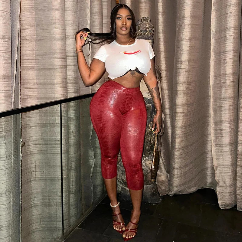 CUTENOVA Sexy Snake Print Solid Color Glossy Elastic High-Waisted Seven-Minute Casual Pants Summer New Women'S Clothing