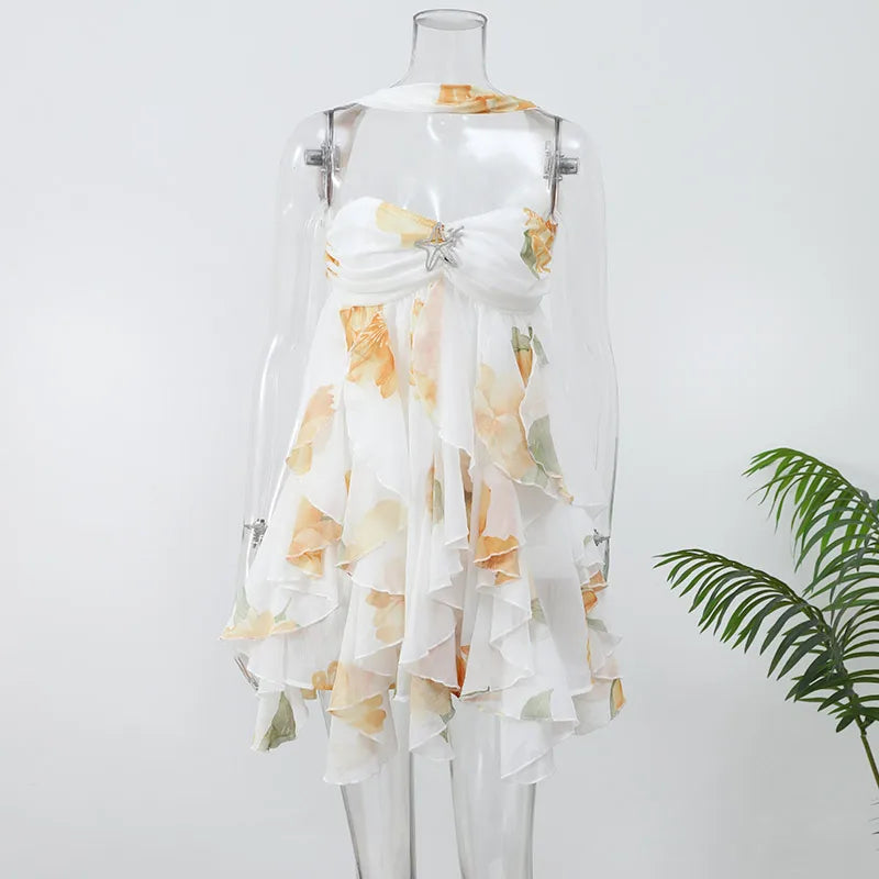 Sexy Ruffle Printed Backless Mini Dresses Lady Chic Sleeveless Off Shouder Pleated Short Vestido 2025 Summer Party Beach Robe