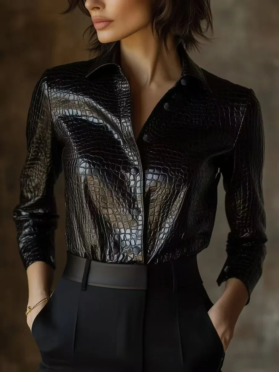 White Black Pu Snake Skin Button Cardigan Shirt TOP Women Elegant and Fashionable Long Sleeved Shiny Retro Top 2025 Streetwear