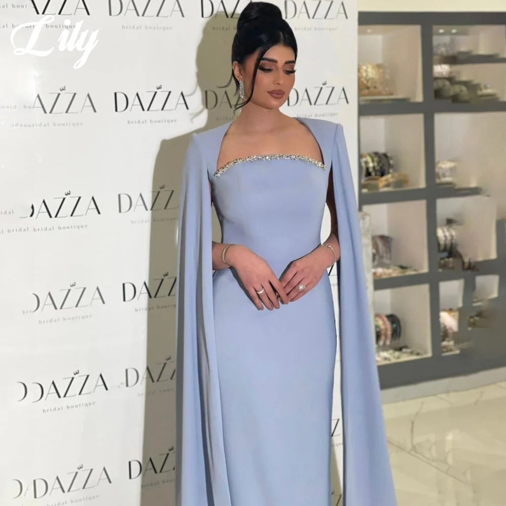 Lily Simple Blue Prom Dress with Beading Mermaid Sxey Party Dresses Sleeve with Cape Layered Mermaid Evening Dress Customized