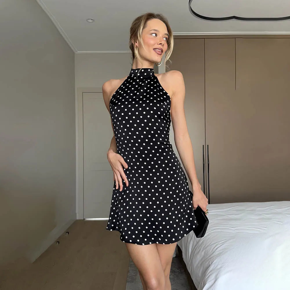 Elegant Dot Halter Satin Backless Mini Dress for Women