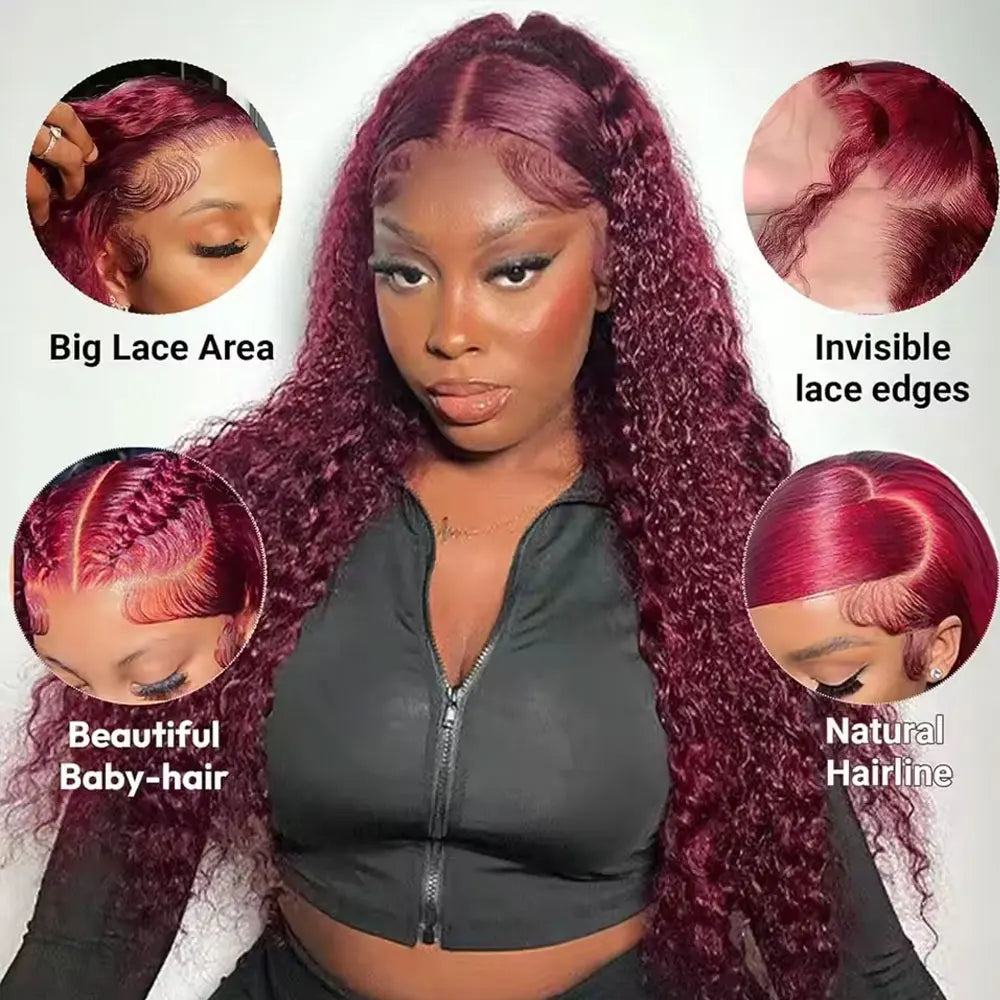 Preplucked Burgundy Deep Wave Lace Front Wig for Women