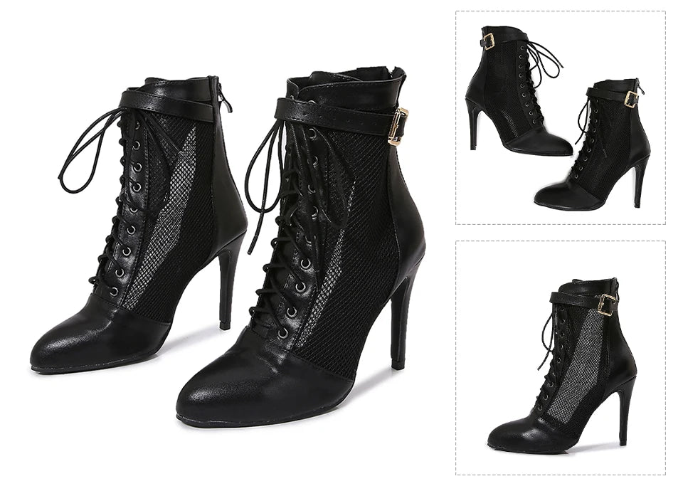 Black Mesh Latin Dance Booties With High Heels for Women