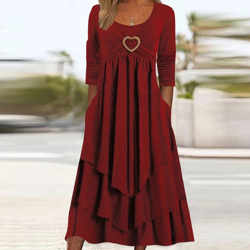 Long Sleeve Patchwork Midi Dress With Pockets for Women