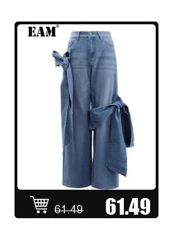 [EAM] Women Black Denim Burr Irregular Big Size Casual T-shirt New V-Neck Half Sleeve Fashion Tide Spring Summer 2025 1DJ1392
