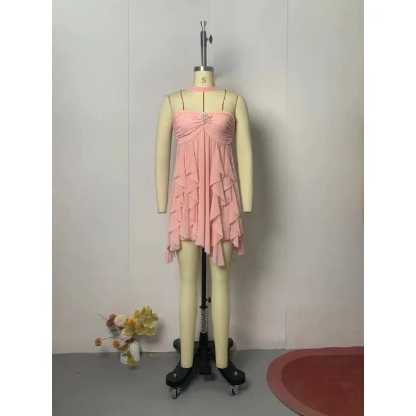 Casual Mini Dress for Women 2025 Summer Print Pleat Scarf Collar Chic Sleeveless Off Shouder Short Vestido Lady Party Beach Robe