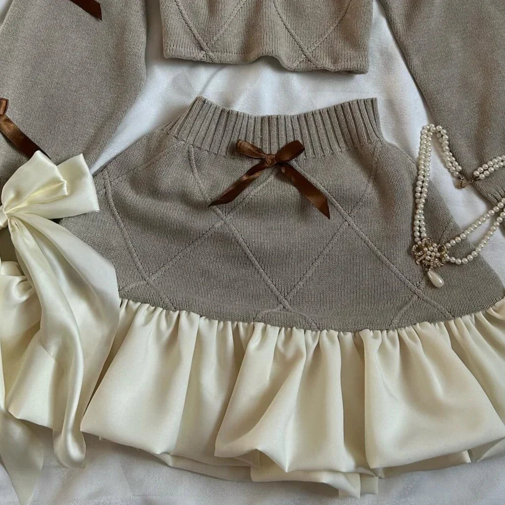 Y2K Knitted Splicing Short Skirt Two Piece Set Women Knitted Long Sleeved Sweater Cute Bow Mini Pleated Skirt Autumn Winter Suit