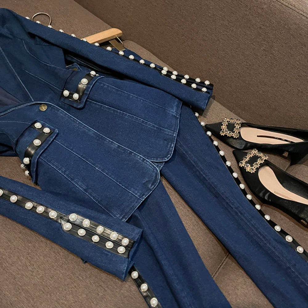 TWOTWINSTYLE Blue Denim Pearl Embellished Suit for Women Tailored Blazer Flared Pants Two Piece Set for Fashion Shows KSE559320