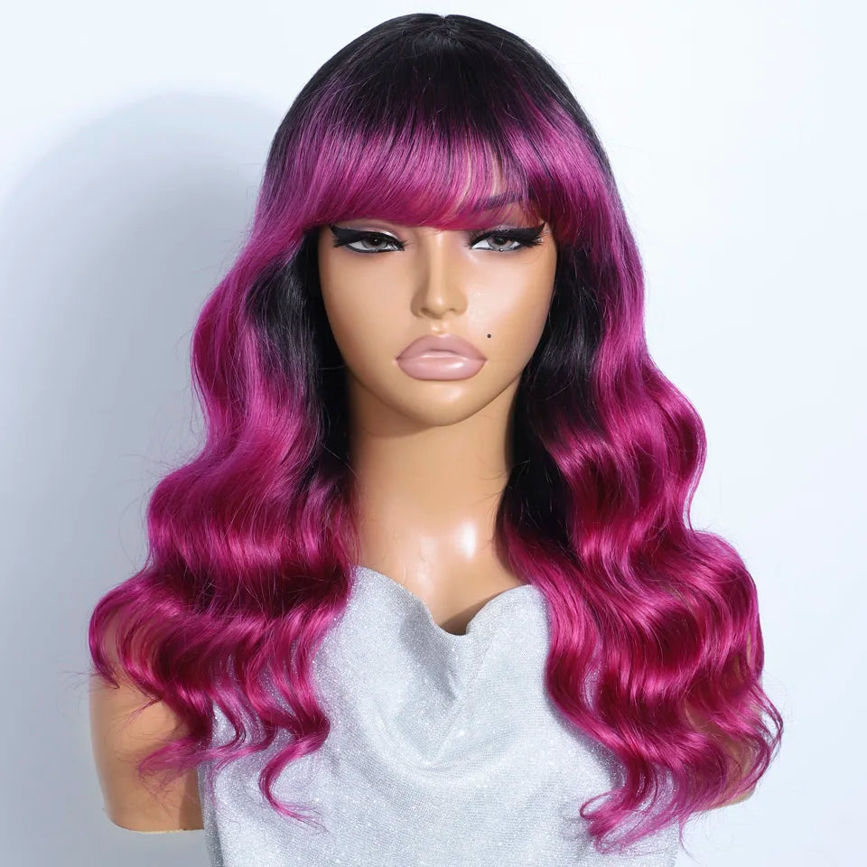 Long Purple Body Wave Human Hair Wig With Bangs for Women
