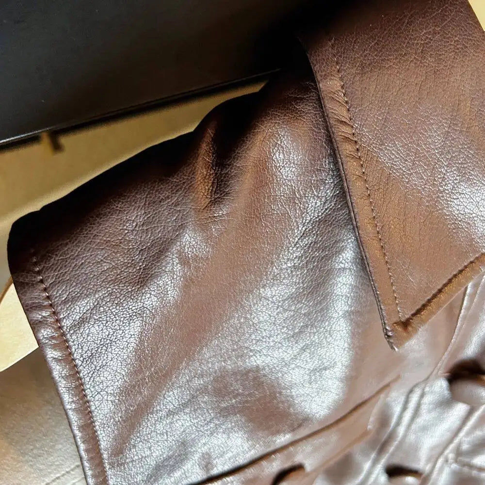 Retro Lapel Belted Leather Sleeveless Vest for Women