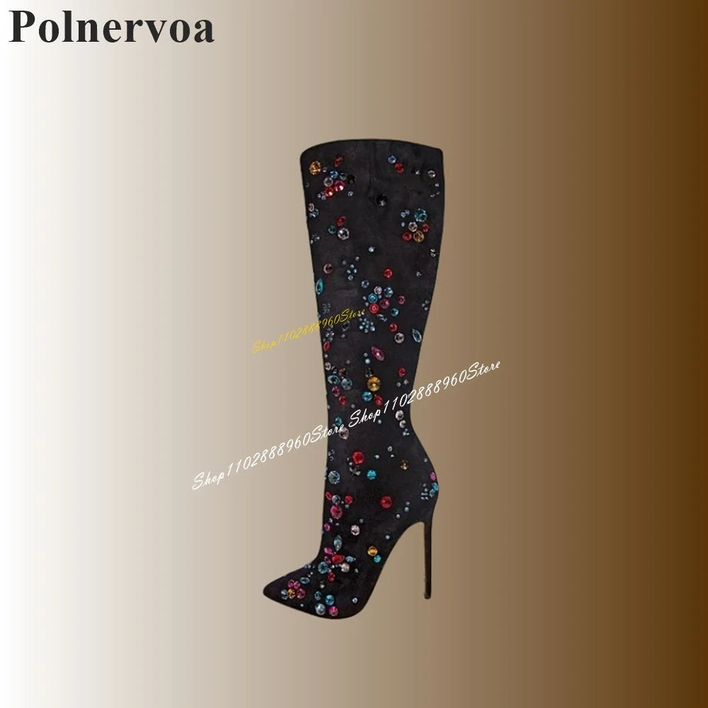 Knee High Black Flock Colorful Crystals Pointy Boots Thin High Heel Women Shoes Side Zipper Pointed Toe Gorgeous Women Boots