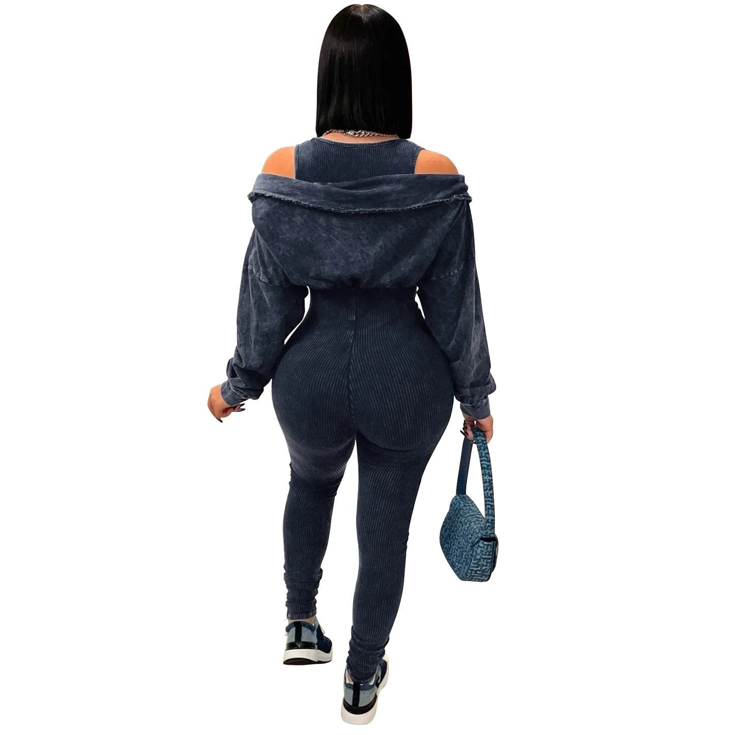 CM.YAYA Fashion Women Knit Ribbed Long Sleeve Moto Biker Jumpsuits Strap Autumn Washed Streetwear Slim One Piece Suit Romper