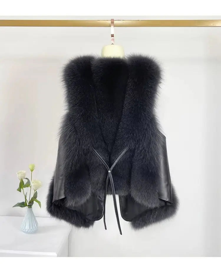 2025 Autumn Winter Women Vest Short Style Splicing Solid Color Fur Coat New