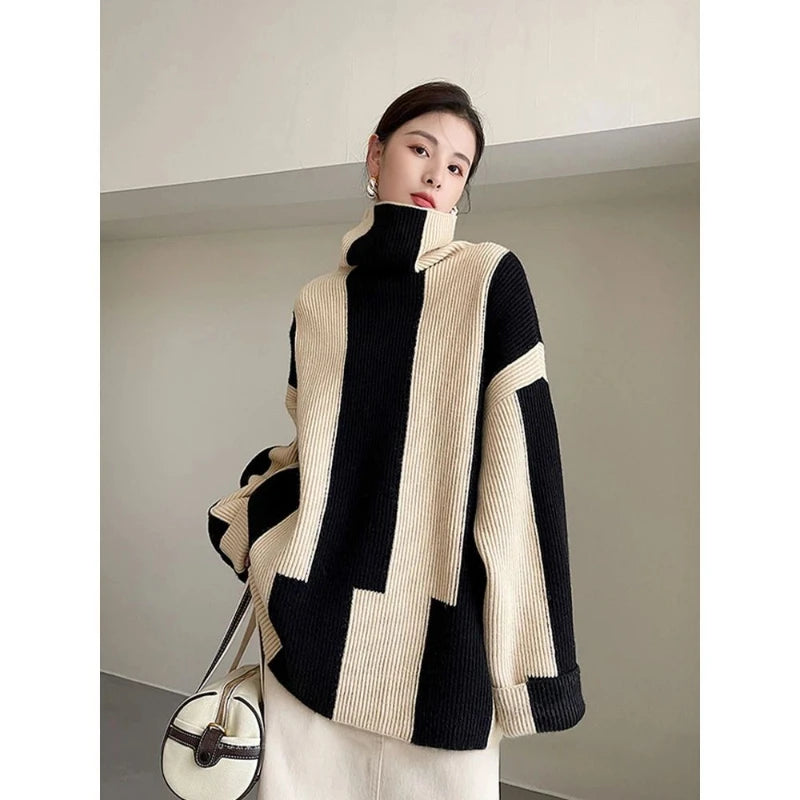 Relaxed Fit Striped Turtleneck Knit Sweater for Women