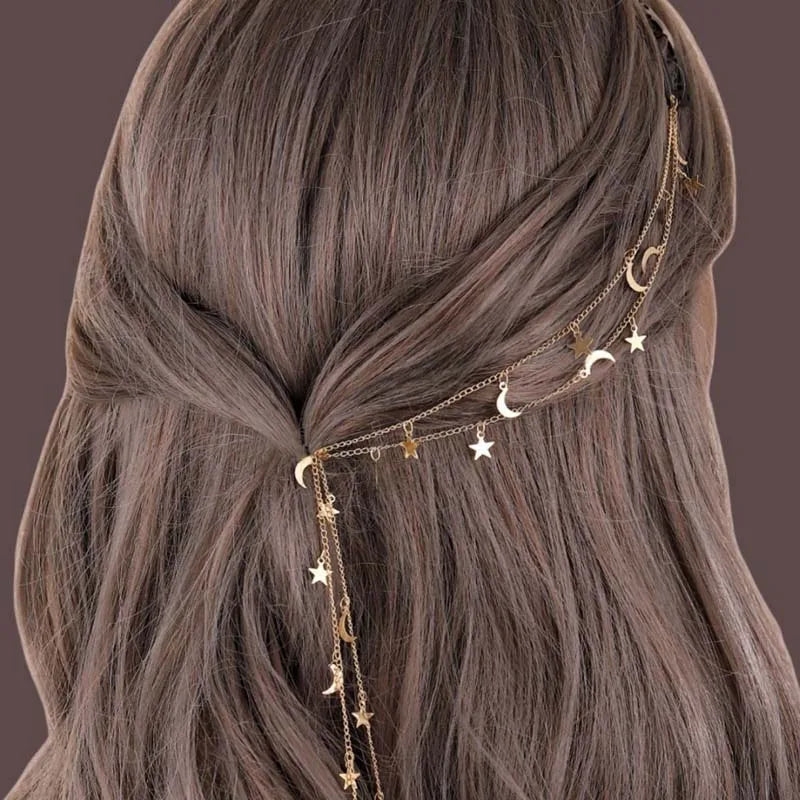 Gold Celestial Tassel Chain Hair Clip