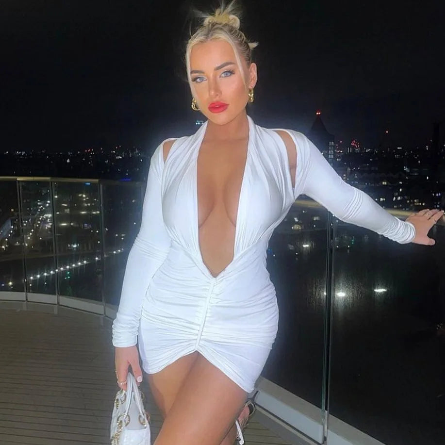 Cryptographic Deep V Neck Long Sleeve Mesh See Through Sexy Backless Mini Dress Women Club Party Elegant Ruched Dresses Clothes