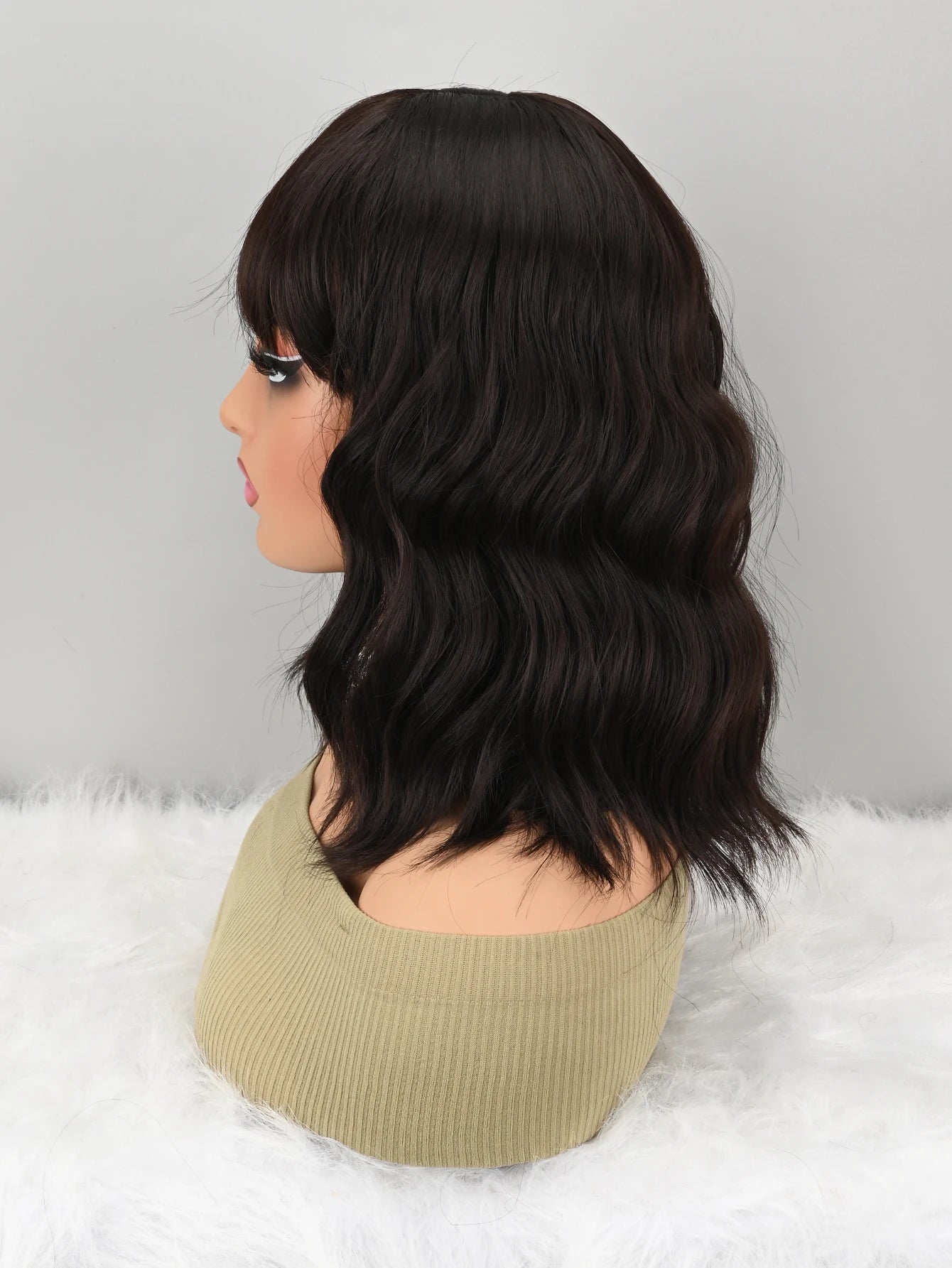 Natural Brown Synthetic Curly Wavy Bangs Bob Wig for Women