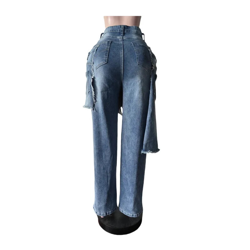 High Waist Ripped Patchwork Straight Cargo Jeans for Women